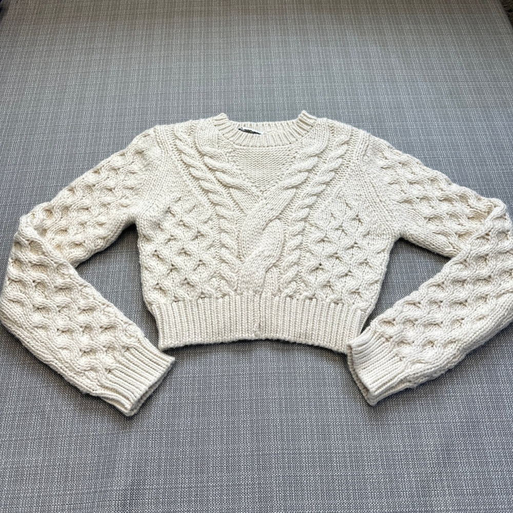 Cable Knit Chunky Cropped Sweater Womens Medium Balletcore‎ Crream Cottage